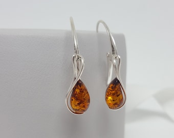 Classic Amber Earrings, Amber Drop Earrings, Teardrop Earrings with Sterling Silver, Earrings with Amber Stone, Everyday Earrings,Amber Gift