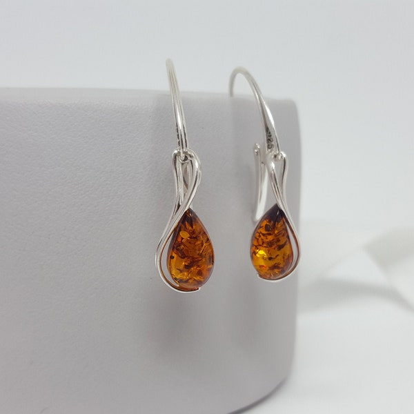 Classic Amber Earrings, Amber Drop Earrings, Teardrop Earrings with Sterling Silver, Earrings with Amber Stone, Everyday Earrings,Amber Gift