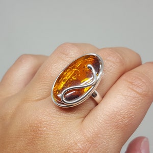 Oval Silver And Amber Ring, Modern Baltic Amber Ring, Cognac Amber Stone Ring, Natural Gemstone Ring, Classic Oval Amber Ring, Amber Jewelry