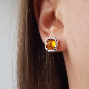 Square Baltic Amber Post Earrings, Silver Square Studs, Small Amber Earrings, Amber Square Stud Earrings, Orange Stone Post Earrings Gift image 1