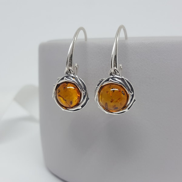 Round Amber Earrings, Small Baltic Amber Earrings, Round Silver Earrings, Amber Drop Earrings, Amber Jewelry Gift, Delicate Amber Earrings