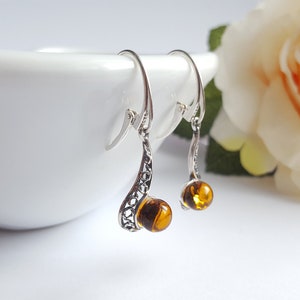 Dangle Baltic Amber Earrings, Modern Silver And Amber Earrings, Long Amber Earrings, Detailed Silver Earrings, Amber Earrings Gift For Her