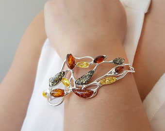 Multicolor Baltic Amber Bangle, Sterling Silver and Amber Bracelet, Modern Amber Bracelet, Elegant Amber Bracelet, Genuine Amber Bangle Gift