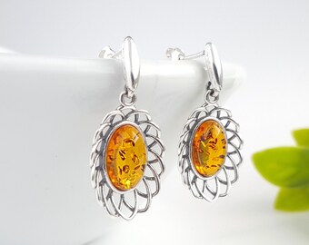modern gemstone gift Oval geometric gemstone earrings dangle sterling silver Baltic amber jewelry statement crystal jewelry