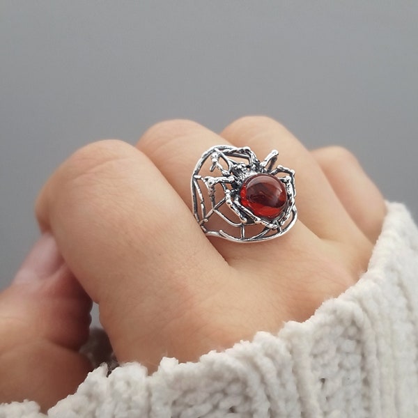 Red Amber Spider Ring, Black Widow Silver and Amber Ring, Adjustable Baltic Amber Ring, Amber Spider Web Ring, Silver Spider Ring Gift