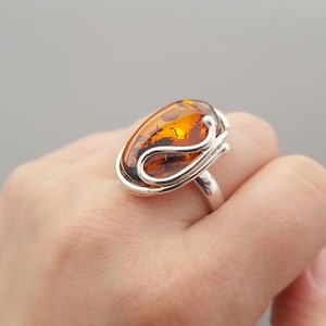 Classic Oval Ring with Baltic Amber, Silver and Amber Ring, Cognac Amber Ring, Big Amber and Silver Ring, Genuine Amber Jewelry, Amber Ring