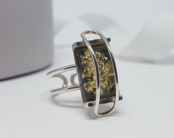 Adjustable Green Amber Ring, Natural Green Stone Ring, Square Amber Stone Ring, Birthstone Ring, Adjustable Silver Ring, Modern Amber Ring