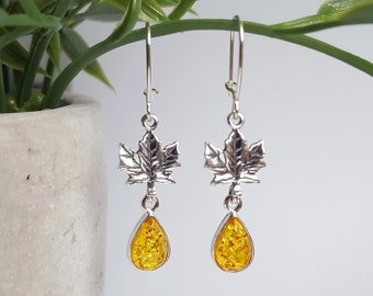 Amber Maple Leaf Earrings, Teardrop Amber Earrings, Silver Leaf Earrings, Natural Amber Leaf Earrings,Autumn Earrings, Silver Fall Jewellery