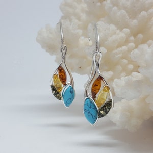 Multicolor Amber Earrings, Drop Amber Earrings, Gemstone Earrings, Amber And Turquoise Earrings, Silver And Turquoise Earrings,Amber Jewelry