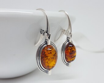 Oval Amber Earrings, Silver And Amber Earrings, Dangle Baltic Amber Earrings, Large Amber Earrings, Orange Stone Earrings,Amber Jewelry Gift