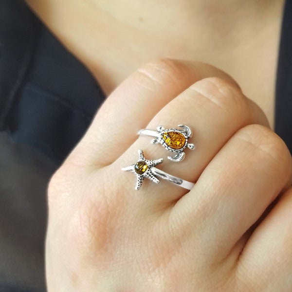 Sterling Silver Amber Sea Turtle Ring, Adjustable Star and Turtle Ring, Silver Sea Life Ring, Silver Starfish Ring, Amber Turtle Ring