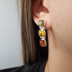 Dangle Baltic Amber Earrings, Silver and Natural Amber Earrings, Square Amber Stone Earrings, Sterling Silver and Amber Jewelry, Amber Gift