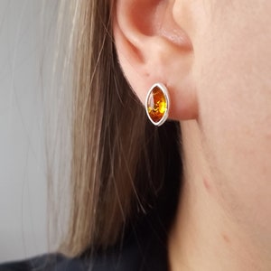 Marquise Amber Stud Earrings, Sterling Silver and Amber Earrings, Small Amber Earrings, Honey Amber Stone Earrings,Amber Stone Stud Earrings