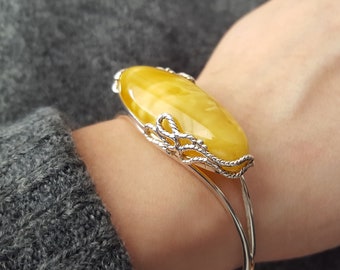 Yellow Amber Stone Bangle Bracelet, Oval Baltic Amber Bracelet,Silver and Amber Cuff Bracelet,Silver Rope Bracelet,Adjustable Amber Bracelet