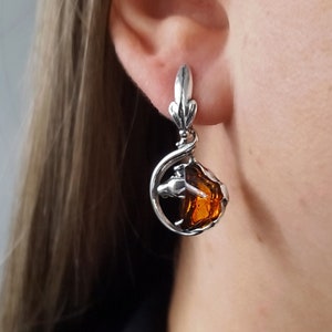 Baltic Amber Horse Earrings, Sterling Silver and Amber Stone Earrings, Honey Amber Earrings, Silver Horse Head Earrings,Round Amber Earrings image 1