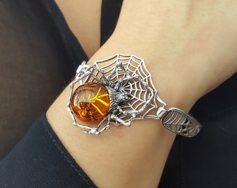 Statement Amber Spider Bracelet, Sterling Silver and Amber Bangle, Spider Bangle with Amber Stone, Silver Cobweb Bangle, Large Amber Bangle