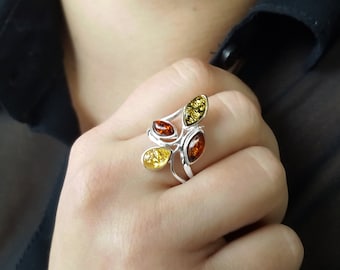 Multi-Stone Amber Ring, Sterling Silver and Amber Ring, Multicolor Baltic Amber Ring, Colorful Amber Ring, Bold Amber Ring, Amber Jewelry