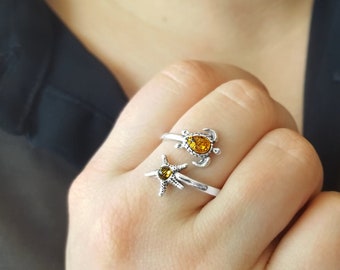 Sterling Silver Amber Sea Turtle Ring, Adjustable Star and Turtle Ring, Silver Sea Life Ring, Silver Starfish Ring, Amber Turtle Ring