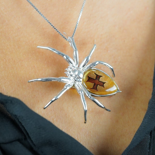 Large Baltic Amber Pendant, Sterling Silver and Amber Spider, Yellow Amber Spider Brooch, Amber Stone and Silver Spider Pin, Spider Jewelry