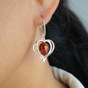 Baltic Amber Heart Earrings, Sterling Silver Heart Earrings, Orange Stone Heart Earrings, Birthstone Heart Earrings, Genuine Amber Earrings