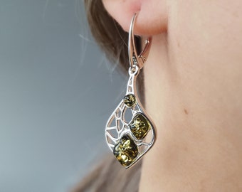 Green Amber Earrings, Teardrop Amber Earrings, Green Baltic Amber Earrings, Green Stone Earrings, Silver and Amber Earrings, Amber Earrings