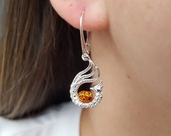 Baltic Amber and Silver Phoenix Earrings, Honey Amber Drop Earrings, Amber Animal Earrings, Silver Bird Earrings, Cute Amber Earrings Gift
