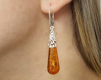 Large Baltic Amber Earrings, Long Teardrop Amber Earrings, Silver Teardrop Earrings, Long Amber Earrings, Elegant Statement Amber Earrings