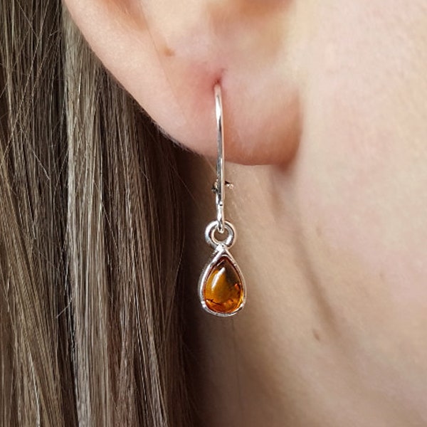 Small Amber Earrings, Tiny Teardrop Earrings, Silver and Amber Earrings, Teardrop Stone Earrings, Baltic Amber Earrings, Amber Jewelry Gift