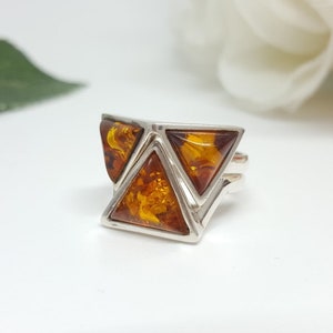 Stackable Amber Ring, Double Triangle Ring, Chevron Ring, Baltic Amber Rings, Stacking Rings, Unique Ring Gift, Set of Two Rings,Silver Ring image 1
