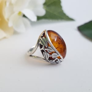 Fashion Baltic Amber Ring, Modern Amber Ring, Oval Amber Stone Ring, Modern Amber and Silver, Silver Shell Ring, Handmade Baltic Amber Ring image 1