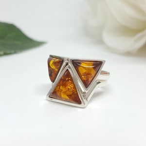 Stackable Amber Ring, Double Triangle Ring, Chevron Ring, Baltic Amber Rings, Stacking Rings, Unique Ring Gift, Set of Two Rings,Silver Ring image 6