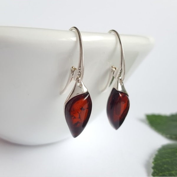 Cherry Red Baltic Amber Earrings, Amber Drop Earrings, Red Amber Earrings, Small Amber and Silver Earrings, Red Amber Jewellery, Amber Gift