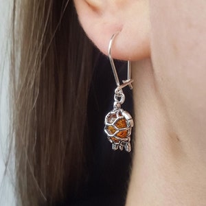 Baltic Amber Turtle Earrings, Sterling Silver Turtle Earrings, Small Amber Tortoise Earrings, Amber Turtle, Silver Sea Turtle Jewelry Gift