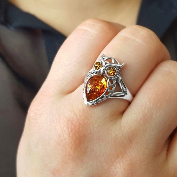 Adjustable Amber And Silver Ring, Baltic Amber Owl Ring, Sterling Silver Owl Jewelry, Spiritual Owl Ring, Adjustable Amber Ring, Amber Owl