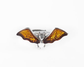 Amber Bat Ring, Sterling Silver Bat Ring, Adjustable Amber Ring, Small Dracula Ring, Silver Bat jewelry, Genuine Amber and Silver Bat Ring