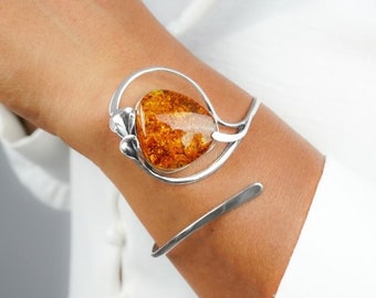 Adjustable Open Amber Bangle, Baltic Amber Stone Bracelet, Genuine Amber Stone Cuff Bracelet, Silver and Amber Bangle,Adjustable Silver Cuff