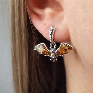Genuine Amber Bat Earrings, Sterling Silver and Amber Earrings, Unique Amber Stone Bat Earrings, Silver Bat Earrings, Vampire Bat Earrings