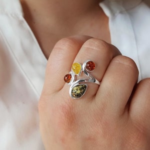 Long Silver and Amber Ring, Multi Stone Amber Ring, Colorful Amber Ring, Modern Amber Ring, Gemstone Ring, Amber Jewelry, Bold Amber Ring