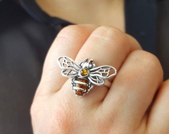 Anillo de abeja de ámbar ajustable, anillo de abeja de abejorro de plata de ley y ámbar, anillo de ámbar báltico de abeja, joyería de abeja de plata, anillo de abeja de ámbar genuino