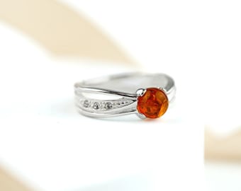 Solitaire Amber Ring, Sterling Silver and Amber Ring, Cubic Zirconia Ring, Silver Stacking Ring, Small Baltic Amber Ring, Amber Stone Ring