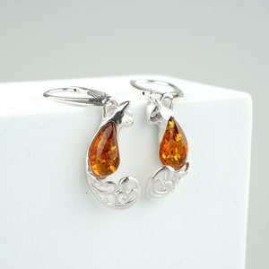 Amber Cat Earrings, Silver and Amber Stone Earrings, Silver Cat Earrings, Cat Lover Gift, Silver Cat Jewelry, Baltic Amber Cat Earrings image 1