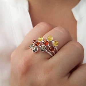 Multicolor Amber Ring, Sterling Silver and Amber Ring, Honey Amber Ring, 3 Color Stone Ring, Birthstone Ring Gift, Multi stone Ring image 1