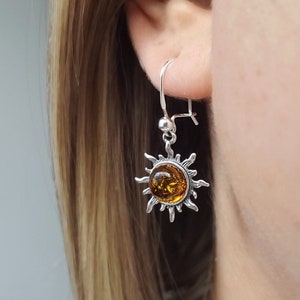 Nice Amber Sun Lever Back Earrings Sterling Silver 925 Handcrafted