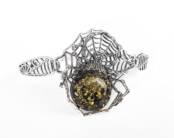 Large Amber Spider Bracelet, Sterling Silver and Amber Bangle, Spider Bangle with Amber Stone, Silver Cobweb Bangle, Green Amber Bangle