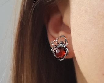 Red Amber Spider Stud Earrings, Silver Spider Earrings, Silver and Amber Earrings, Small Spider Earrings,Black Widow Earrings,Spider Jewelry