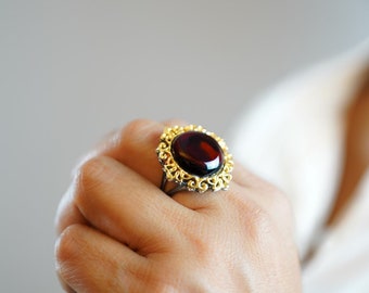 Exquisite Red Amber Ring, Gold Amber Ring, Black Silver Stone Ring, Large Cherry Red Amber Ring, Round Floral Amber Ring, Red Amber Jewelry