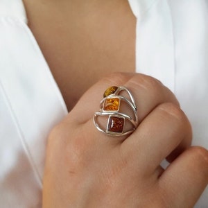 Modern Baltic Amber Ring, Sterling Silver And Amber Stone Ring, Multicolor Amber Ring, Large Silver Ring, Fashion Amber Ring, Amber Ring