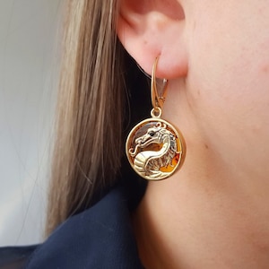 Gold Plated Amber Dragon Earrings, Japanese Dragon Jewelry, Flat Amber Stone Earrings, Baltic Amber Dragon Earrings, Gold Amber Earrings