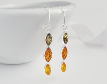 Multicolour Amber Earrings, Dangle Amber Earrings, Silver And Amber Jewelry, Long Amber Earrings, Modern Amber Earrings, Amber Earrings Gift