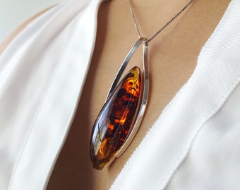 Unique Baltic Amber Necklace, Long Amber Pendant, Silver and